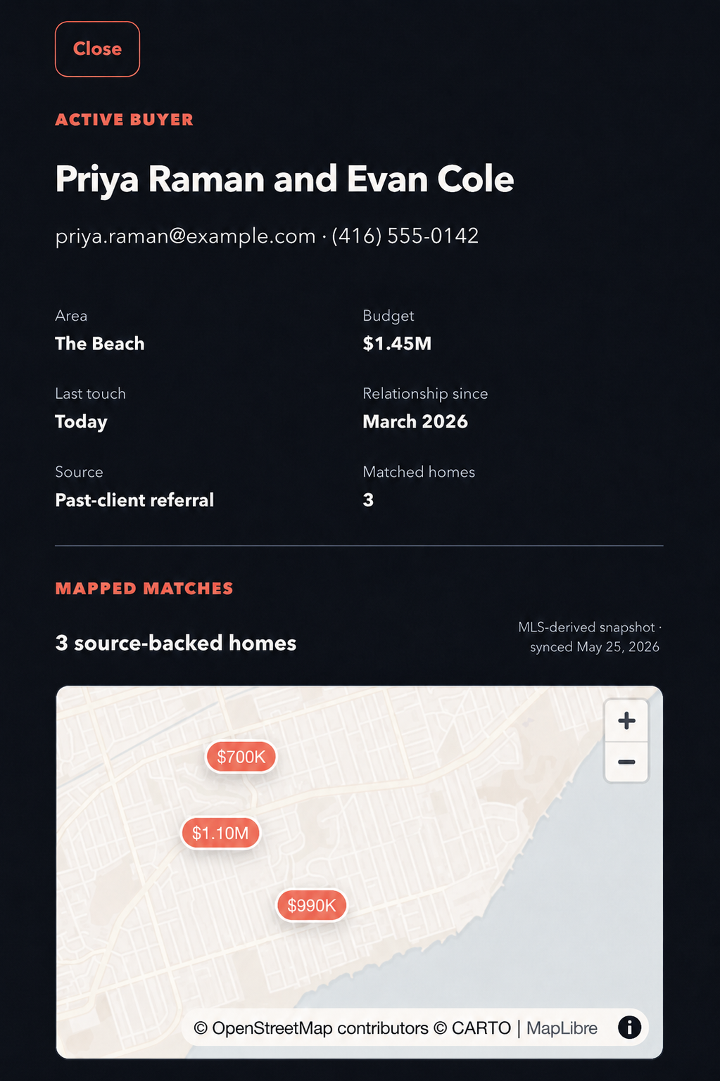 OTO client profile for Priya Raman and Evan Cole, including relationship facts and mapped property matches